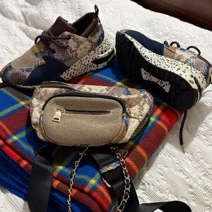 Steve Madden Snakeskin Sneakers and Matching Belt Bag in Navy, Brown, Yellow